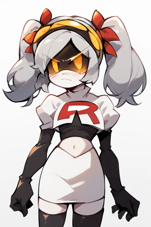 2D, score_9, score_8_up, score_7_up, BREAK, 1girl, solo,sdJ, Grey Hair, Yellow Eyes, Robot, Visor, Twintails, team rocket,team rocket uniform,white skirt,red letter R,crop top,black thigh-highs,black elbow gloves, embarrassed,cowboy shot