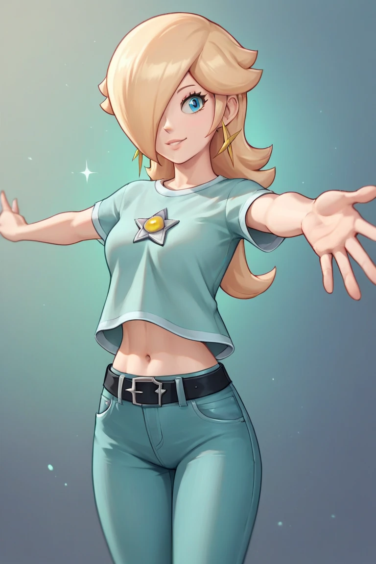 score_9, score_8_up, score_7_up, source_anime, rosalina, blonde hair, blue eyes, hair over one eye, long hair, star earrings, solo, cowboy shot, black t-shirt, taut clothes, tight shirt, midriff, navel, jeans, black belt, outstretched arms, smile