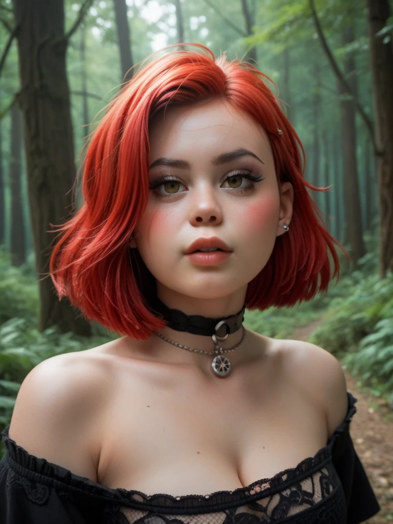 Mei Li blushes, Red hair, miniskirt, goth teen, forest 