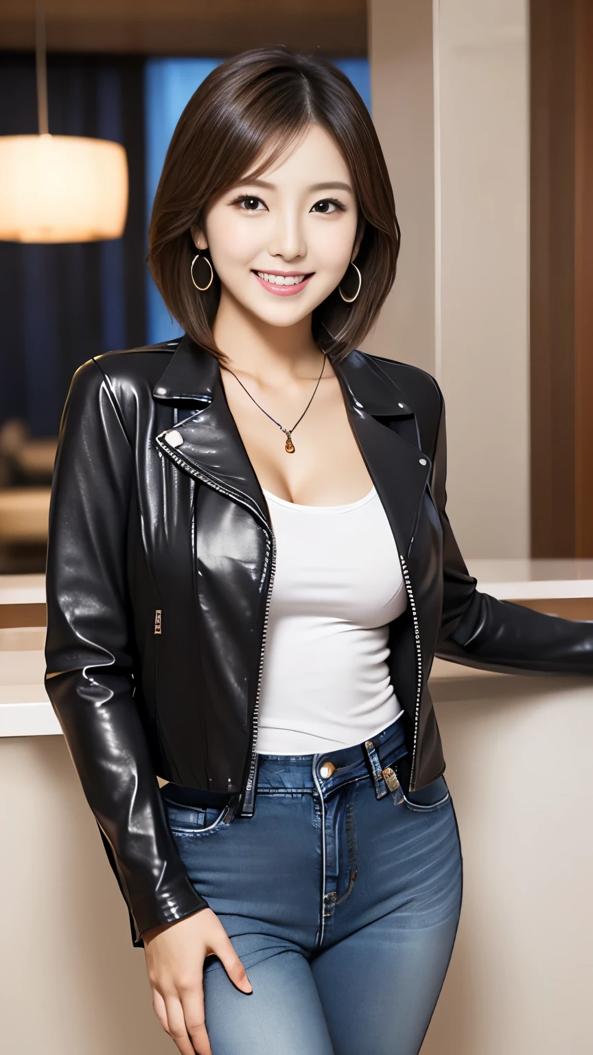 best image quality、超A high resolution、1 girl、beautiful face、short hair、An announcer wearing a leather jacket、Sitting in the studio、Japanese、35 years old、big breasts、natural makeup、smile、sexy、OL、underwear