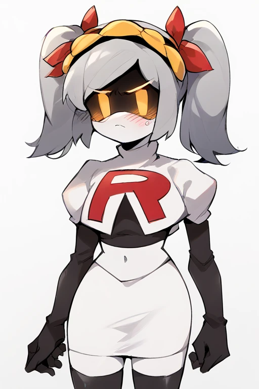 2D, score_9, score_8_up, score_7_up, BREAK, 1girl, solo,sdJ, Grey Hair, Yellow Eyes, Robot, Visor, Twintails, team rocket,team rocket uniform,white skirt,red letter R,crop top,black thigh-highs,black elbow gloves, embarrassed,cowboy shot