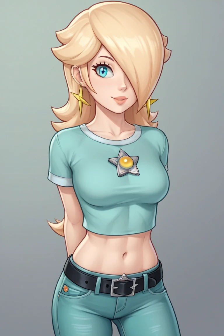 score_9, score_8_up, score_7_up, source_anime, rosalina, blonde hair, blue eyes, hair over one eye, long hair, star earrings, solo, cowboy shot, black t-shirt, taut clothes, tight shirt, midriff, navel, jeans, black belt, arms behind back, leaning forward, smile