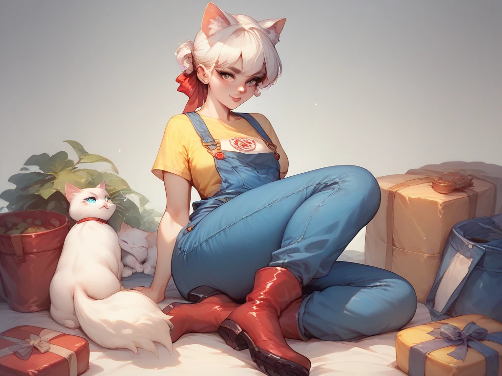 1 girl, pale skin, White cat ears, ((by//white color)), ribbon red en el by, ojos amarillos,  yellow t-shirt , Blue overalls, pecho mediano, high hips , Red boots. 