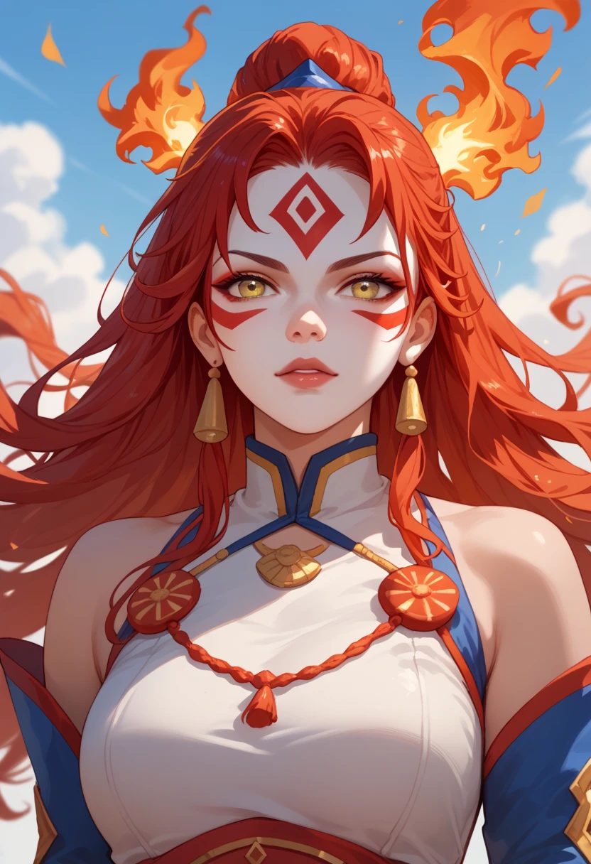 woman, fire hair, white skin, red face paint, jentry chau, anime style, long hair, fire powers, yellow eyes