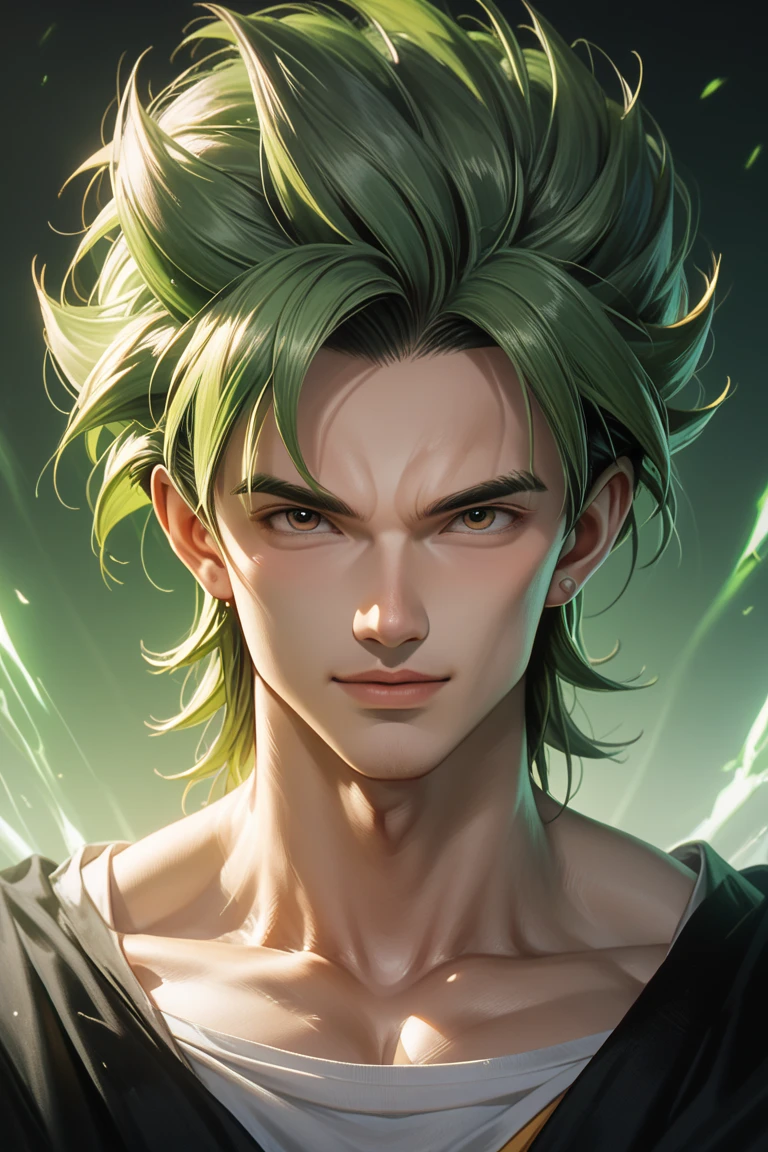 1man, super broly, dragon ball super, japanese manga, unleashed powers, green hairs, broly powers are unleashed, green lighting, cinematic art, 8K resolution