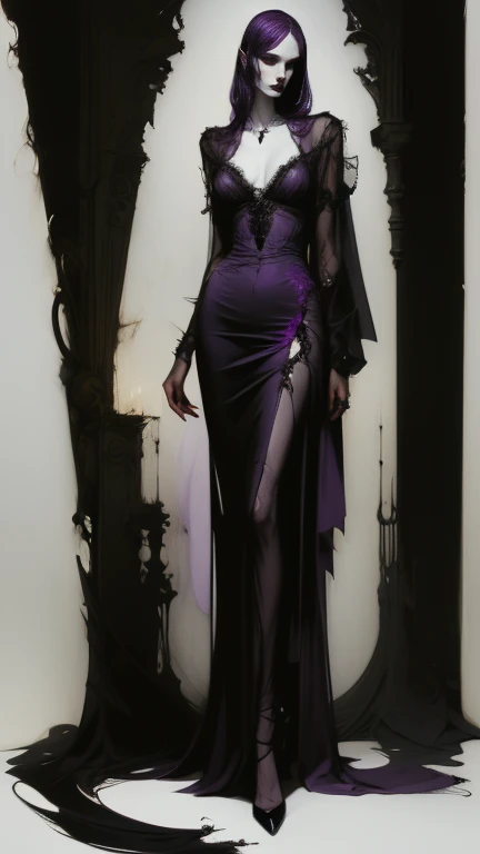  full body . Vampire woman, Nostalgic, seductive,  beautiful face , gothic face ,  sharp face  ,  delicate face  , Female face, abundant purple hair, Ojos rojos , delgado,  average breasts, elegant, ropa elegant,  full body , realistic look, sharp focus face  , realistic look texture,  Analog Style  ,  dim and changing lighting , atmospheric,vampire), (goth vampire) (  full body )