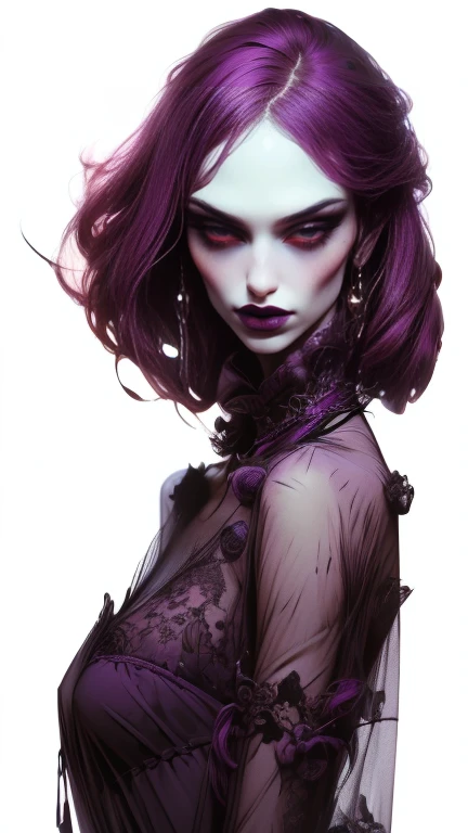  full body . Vampire woman, Nostalgic, seductive,  beautiful face , gothic face ,  sharp face  ,  delicate face  , Female face, abundant purple hair, Ojos rojos , delgado,  average breasts, elegant, ropa elegant,  full body , realistic look, sharp focus face  , realistic look texture,  Analog Style  ,  dim and changing lighting , atmospheric,vampire), (goth vampire) (  full body )