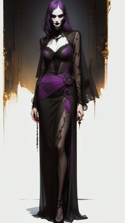  full body . Vampire woman, Nostalgic, seductive,  beautiful face , gothic face ,  sharp face  ,  delicate face  , Female face, abundant purple hair, Ojos rojos , delgado,  average breasts, elegant, ropa elegant,  full body , realistic look, sharp focus face  , realistic look texture,  Analog Style  ,  dim and changing lighting , atmospheric,vampire), (goth vampire) (  full body )