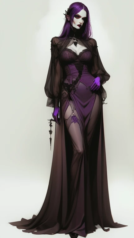  full body . Vampire woman, Nostalgic, seductive,  beautiful face , gothic face ,  sharp face  ,  delicate face  , Female face, abundant purple hair, Ojos rojos , delgado,  average breasts, elegant, ropa elegant,  full body , realistic look, sharp focus face  , realistic look texture,  Analog Style  ,  dim and changing lighting , atmospheric,vampire), (goth vampire) (  full body )