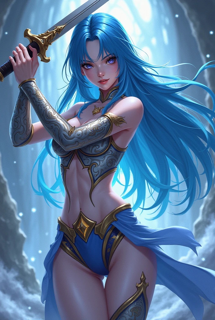 ( high quality , Very detailed, Accurate hands and fingers ),One Woman,Blue Hair,Long Hair,Female Swordsman,Completely naked,High heels,Serious face,The collapsed fort,Holding a long sword,Large Breasts,20-year-old,Beautiful Face, whole body, Sharp focus,Semen is coming out of the,