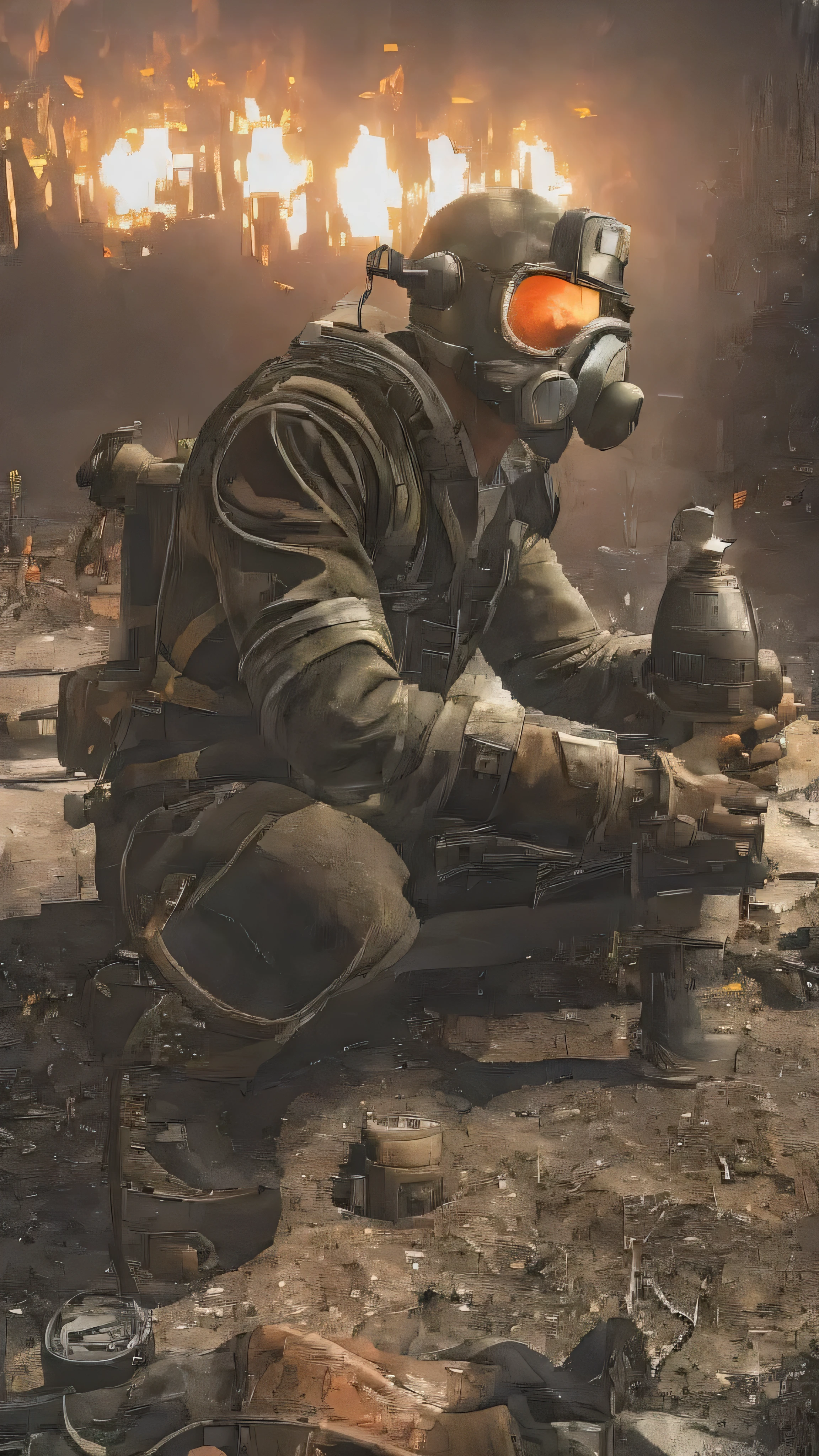  Fallout New Vegas , Man sitting on something, Pip-Boy, tunnel, safe, ( facemask:0.1), ( Breathing tube  :0.5),  headphones,  WWII German helmet with flashlight , burning fire,  full body , Contaminated wasteland,  foggy ,  volumetric lighting ,  from behind , Cinema Helper 1000, [Bokeh], Lens effect, (Glare:1.5), bloom, Anamorphic Lens