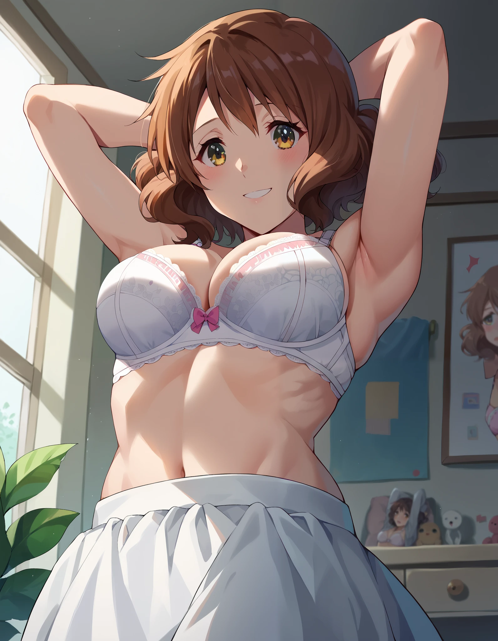 Highest quality, High resolution, masterpiece, (Beautiful Eyes), Detailed face, kumiko oumae, Brown Hair, short hair, Wavy Hair, smile, blush, indoor, bedroom, white bed, medium breasts, (Arms behind head:1.5), (Wide pelvis:1.5), (white_bra:1.5), (from below), (play bridge:1.5), nsfw