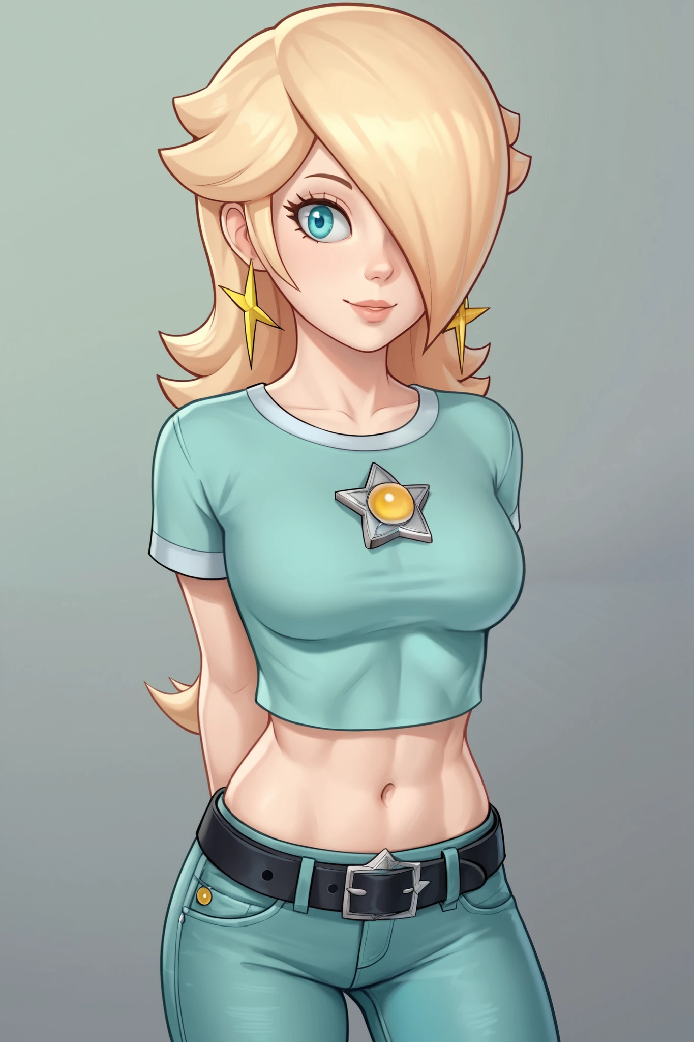 score_9, score_8_up, score_7_up, source_anime, rosalina, blonde hair, blue eyes, hair over one eye, long hair, star earrings, solo, cowboy shot, black t-shirt, taut clothes, tight shirt, midriff, navel, jeans, black belt, arms behind back, leaning forward, smile