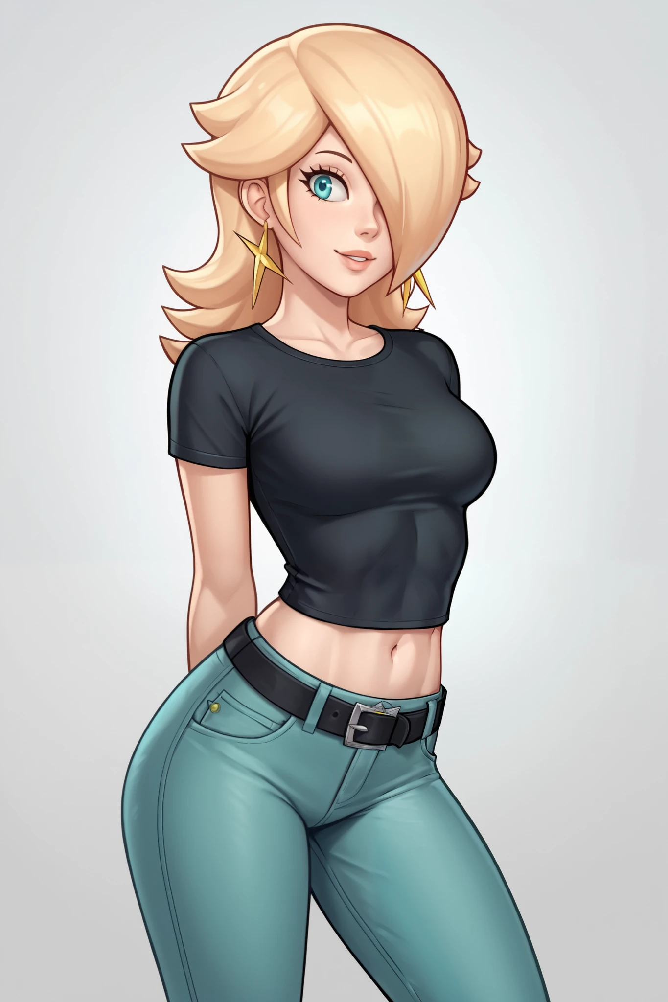 score_9, score_8_up, score_7_up, source_anime, rosalina, blonde hair, blue eyes, hair over one eye, long hair, star earrings, solo, cowboy shot, black t-shirt, taut clothes, tight shirt, midriff, navel, jeans, black belt, arms behind back, leaning forward, smile