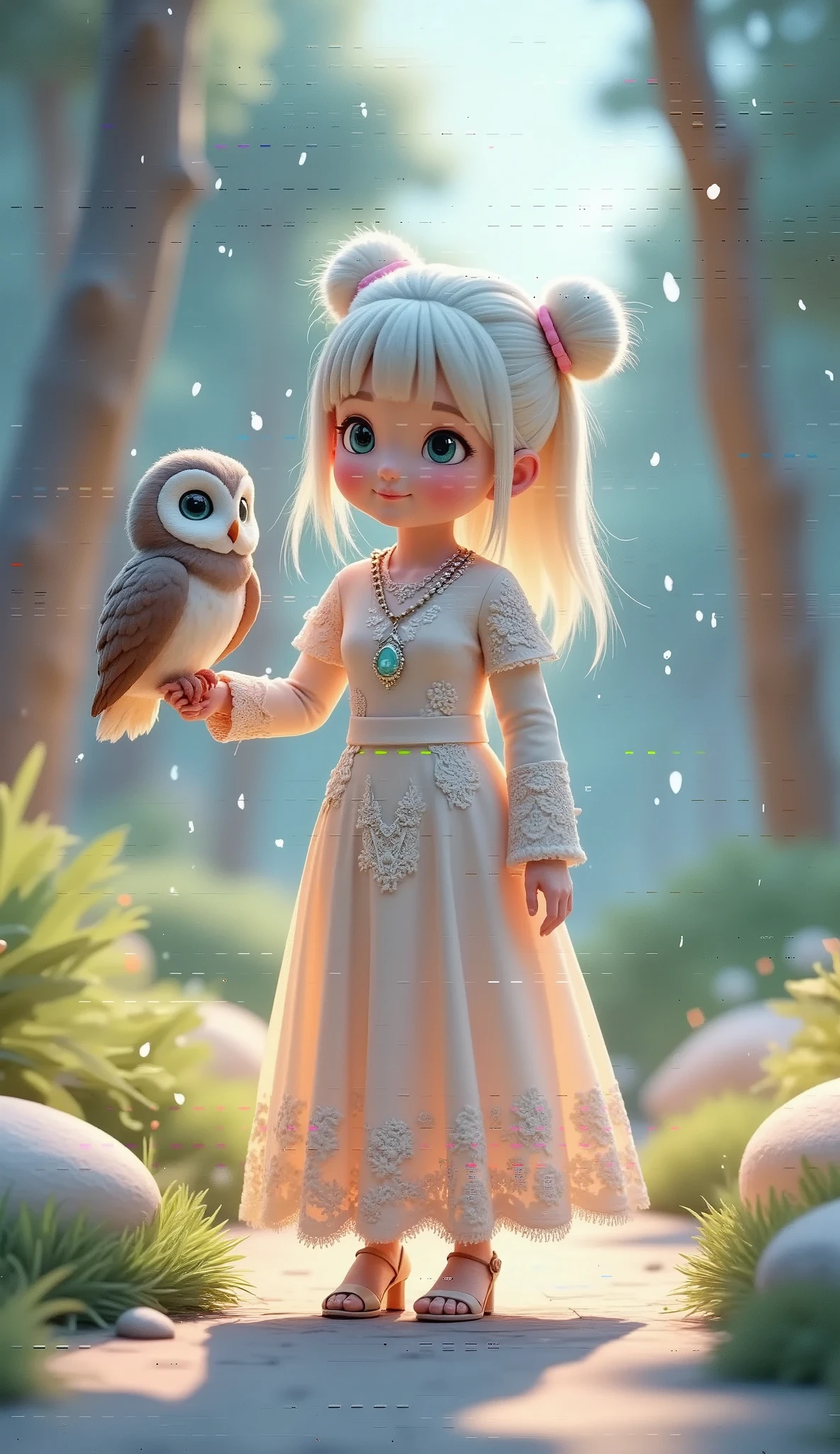 Here’s an updated prompt based on your request:

"A breathtaking fantasy artwork featuring a beautiful young Korean woman with long, flowing white hair and piercing blue eyes, wearing an elegant hijab. She is dressed in an intricately detailed lace gown, adorned with shimmering silver accents and delicate jewelry. She holds a majestic barn owl with vivid blue eyes perched gracefully on her arm. The setting is a mystical snowy forest, with soft snowflakes gently falling and an ethereal glow illuminating the scene. The atmosphere is serene and magical, with towering trees in the background partially shrouded in mist, creating a sense of wonder and enchantment. The composition emphasizes elegance, grace, and a touch of mystery."

