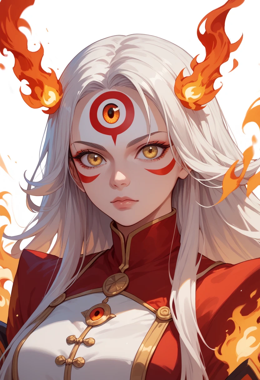 woman, fire hair, white skin, red face paint, jentry chau, anime style, long hair, fire powers, yellow eyes, white hair, third eye on forehead