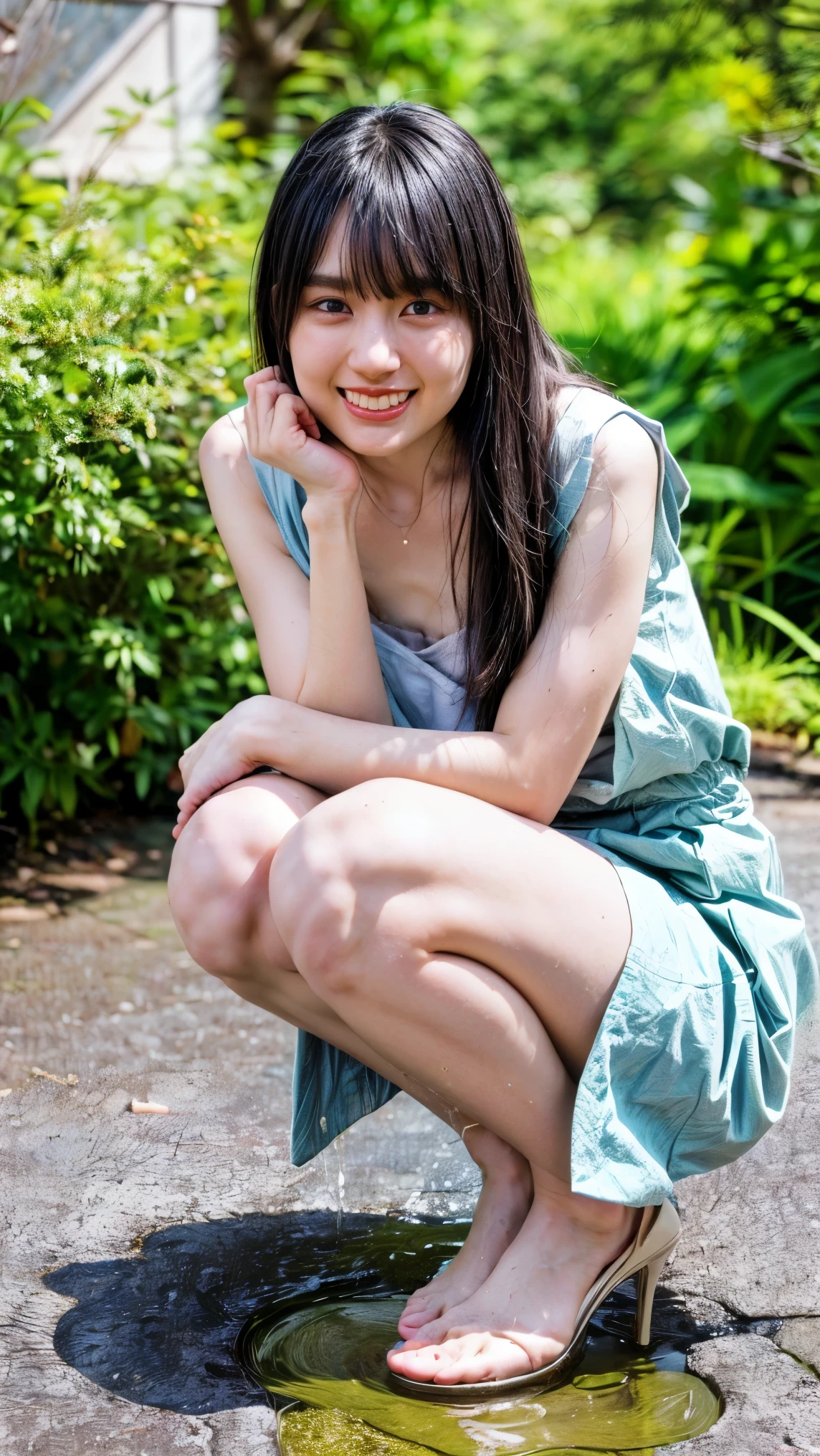 (realistic, photo-realistic:1.37), (masterpiece, best quality:1.2), RAW photo, high resolution, intricate details, full body, solo, a 22 years old Japanese woman, cheerful grin, straight long black hair with blunt bangs, (blouse,skirt), (flat chest:1.5), (squatting leaning forward with spread legs apart, crossed arms:1.5), (detailed face, beautiful detailed eyes, beautiful pupils, sophisticated nose), fine-textured skin, pale skin, shiny skin, (peeing self, urination:1.4), pee puddle, photo background, outdoors, alley,,