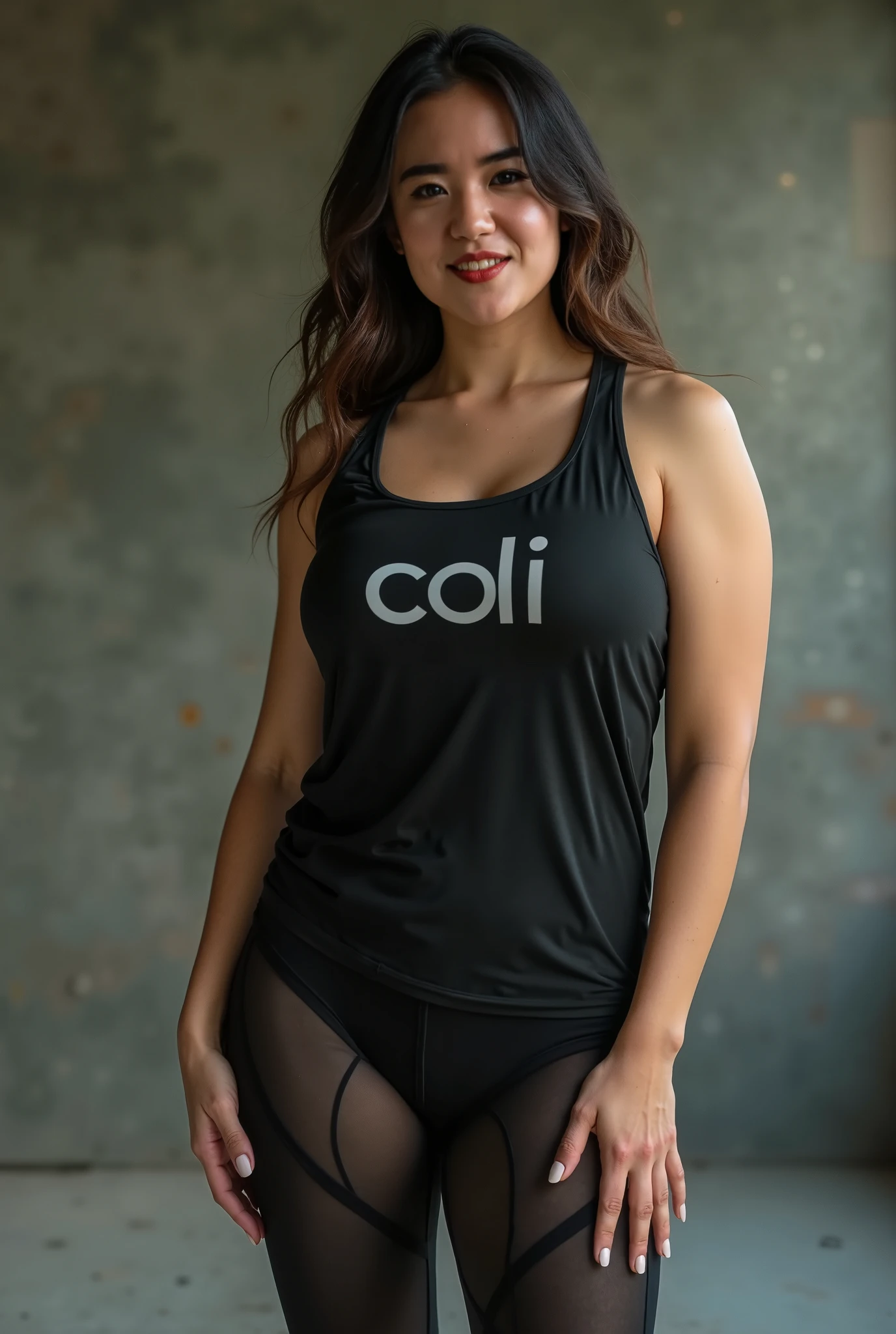 Black girl, contagious smile, round face, 1.50 tall, 15 years old, curly maroon hair, blue eyes, perfect breasts, perfect butt, toned legs. Clothing: short t-shirt, tight shorts and sneakers. Confident pose with a delicate personality, with a black background.