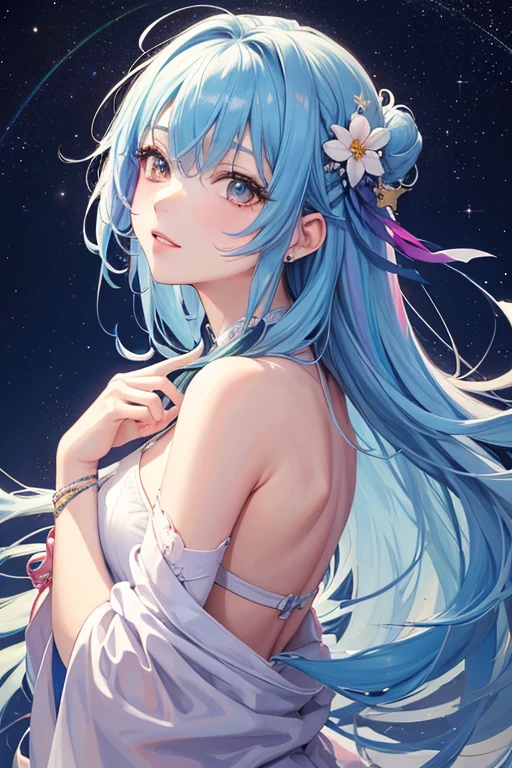 watercolor paiting(Beautifully Aesthetic:1.2)、(1girl in:1.3)、The upper part of the body、(Delphinium hair、colourful hair、Half blue and half pink hair:1.2)、Eau、liquids、clouds、colourfull、starrysky、stele、