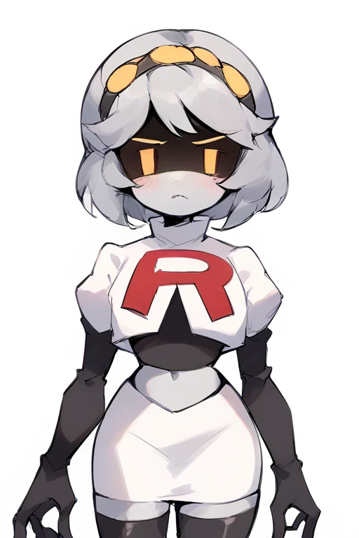 2D, score_9, score_8_up, score_7_up, BREAK, 1girl, solo,sdV, Grey Hair, Yellow Eyes, Robot, Visor, team rocket,team rocket uniform,white skirt,red letter R,crop top,black thigh-highs,black elbow gloves, blushing, cowboy shot,