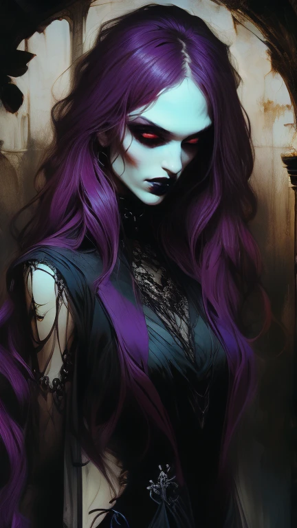  full body . Vampire woman, Nostalgic, seductive,  beautiful face , gothic face ,  sharp face  ,  delicate face  , Female face, abundant purple hair, Ojos rojos , delgado,  average breasts, elegant, ropa elegant,  full body , realistic look, sharp focus face  , realistic look texture,  Analog Style  ,  dim and changing lighting , atmospheric,vampire), (goth vampire)