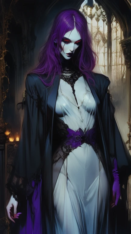  full body . Vampire woman, Nostalgic, seductive,  beautiful face , gothic face ,  sharp face  ,  delicate face  , Female face, abundant purple hair, Ojos rojos , delgado,  average breasts, elegant, ropa elegant,  full body , realistic look, sharp focus face  , realistic look texture,  Analog Style  ,  dim and changing lighting , atmospheric,vampire), (goth vampire)