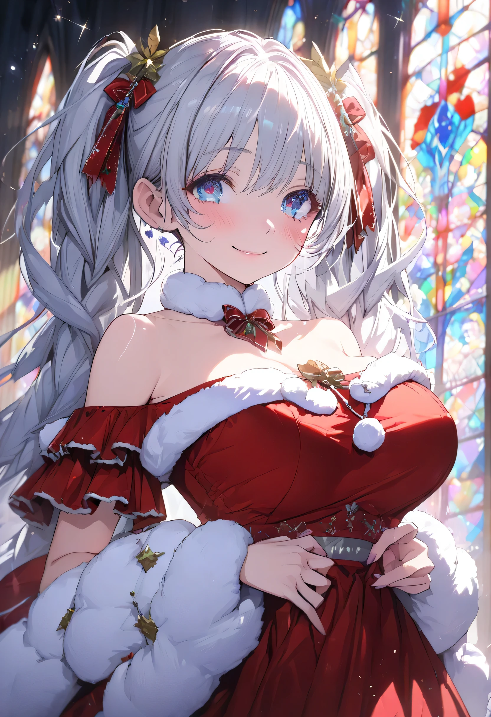 女の子1人、Christmas、nigh sky、Christmas tree、It's snowing、、Too large breasts、cleavage of the breast、white wedding dress and lace cape 、white  hair、Twin-tailed、Fluffy and soft long hair、A sparkling Christmas night、stele々shining brightly、A smile、Golden Eyes、European streets are decorated for Christmas、A sexy、Transparent、wedding dress、lace veil and tiara