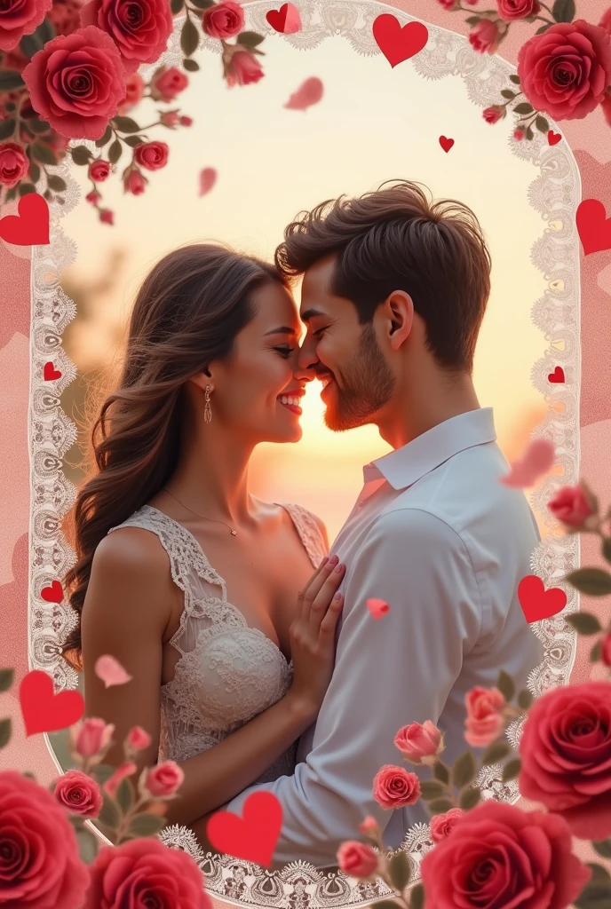 make me a picture with a Valentine's Day theme, where the background is surrounded by flowers and there is a happy husband and wife, and the husband gave a Valentine's Day gift