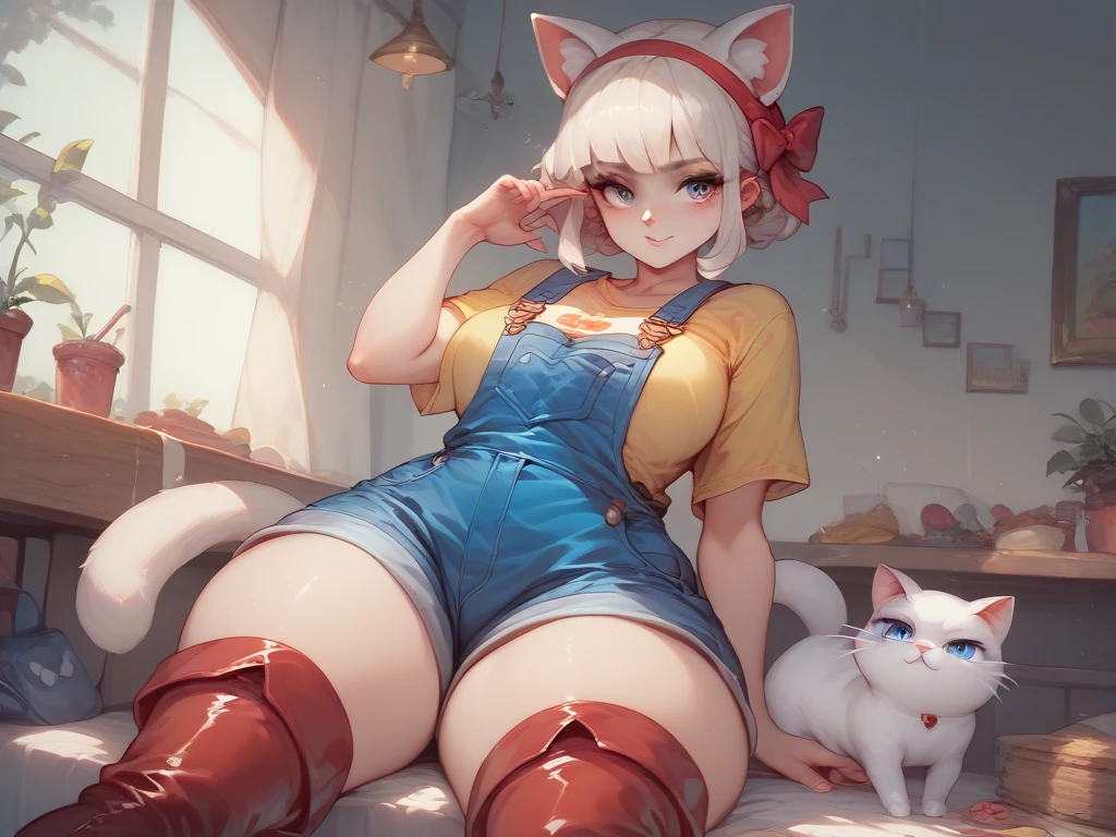 1 girl, pale skin, White cat ears, ((by//white color)), 1 litlle ribbon bow red sobre el by, ojos amarillos,  yellow t-shirt , Blue overalls, pecho mediano, high hips , Red boots. 