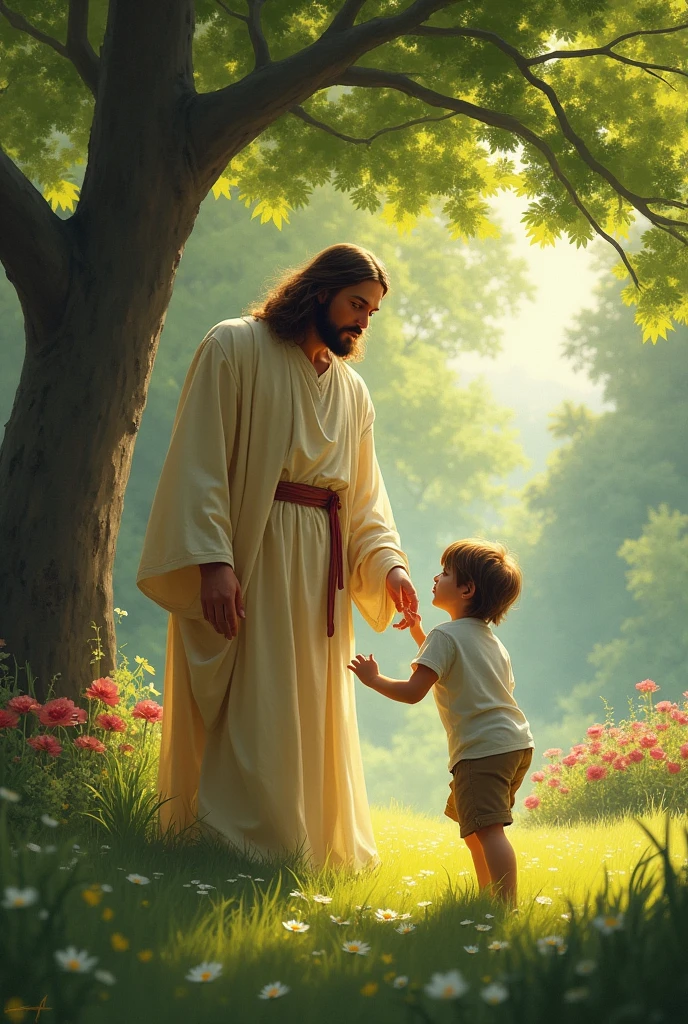 Jesus in a bucolic and sunny garden talking animatedly with a child as if explaining something to the little one who is in front of him smiling
