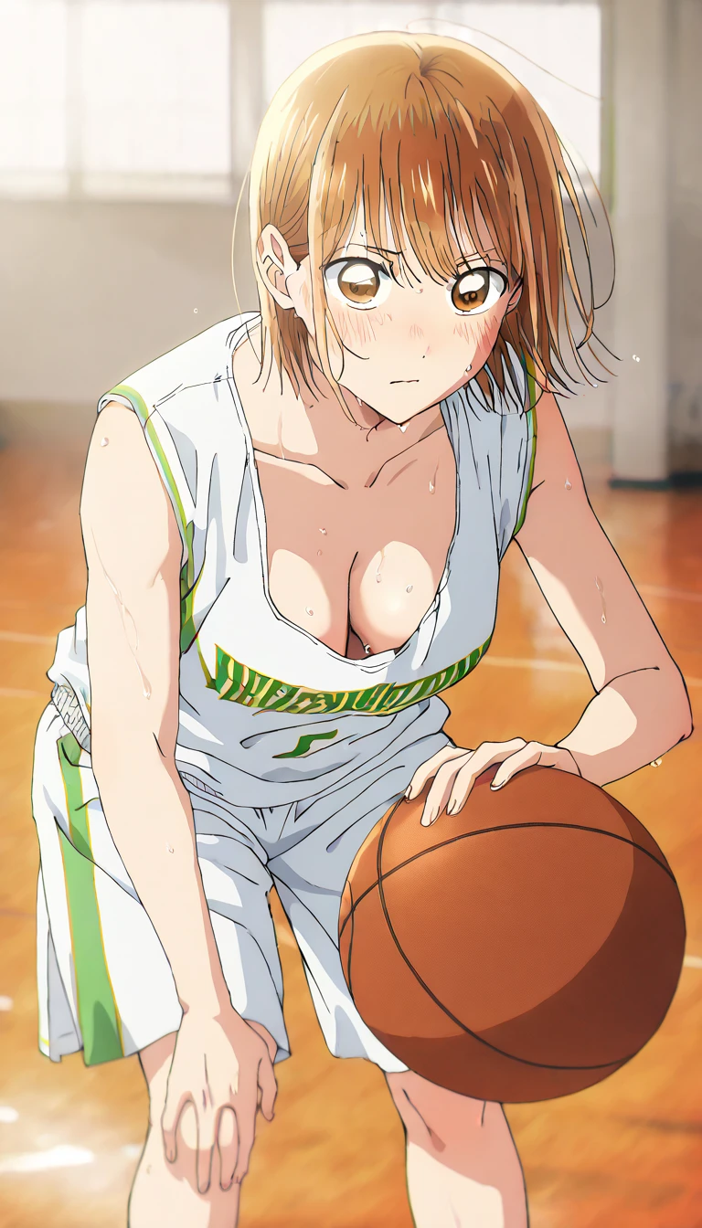       1 girl, Alone, Chinatsu,     Blurred Background,       brown eyes、       basketball uniform with a basketball in one hand 、  shirtless in the lobby、NSFW、      tank top 、Bibs、 Inside is black 、naked 、  Skindent 、   large areolas supporting breasts 、      lean forward     、   put your hands on your knees、      small 、belly button、Gym、       basketball only      、    viewers, masterpiece,  top quality,       High Quality     ,             very aesthetic         ,       absurd、(       sleeveless 、  basketball only      、side、side汗、   blush、 sweaty、Raise your face  、    dribble、Move)、execution、     hopeless、      sweated、In motion、 basketball ring      