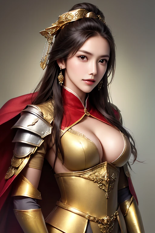 ((The upper body of a female warrior wearing gold and red armor and a cloak:1.4)),1 person,  black hair,  belly shortcut   ,Big breasts and cleavage,  high-definition face and skin texture  ,  staring at the camera,   Chinese Warrior:1.2,  perfect beauty: 1.4, fine grain,  double eyelids in a judo suit ,  whitening for women with bristles, top quality ,  super high res ,  simple background，Symmetrical Normal Eyes   , hair accessories, Slim Waist ,