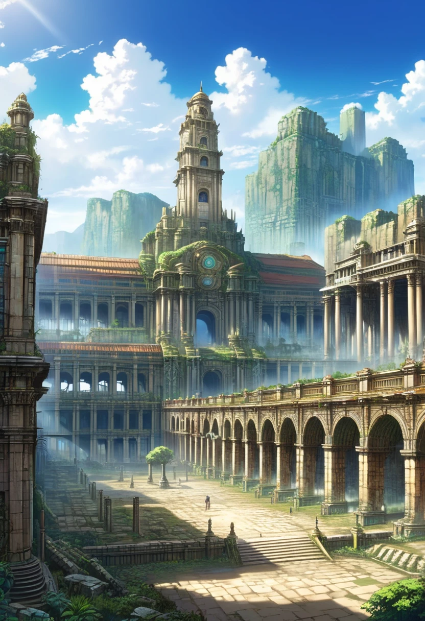  It's a very large building with a clock at the top, Ornate Urban Ruins ,  Huge ancient ruins , Ruins, The background is ruins,  Huge ancient ruins , Complex Environment, Ruined city background , Fantasy architecture, Intricate Scenery , Ruins in the background,  anime scene concept art ,  Library Rio Ruina Concept Art,  The background is an abandoned city 