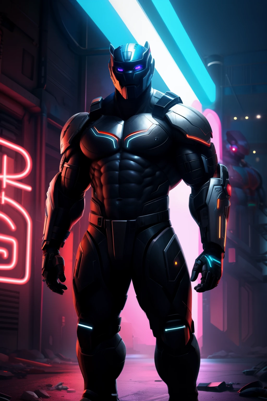 Create an image of a black warrior after an apocalypse in the future, chiseled abs, huge pecs, Full body photo, cyborg suit, muscular body, gigachad, staring eyes, Waiting, Arms outstretched, Waiting, Standing Art neon light, Colored, Detailed, 4k