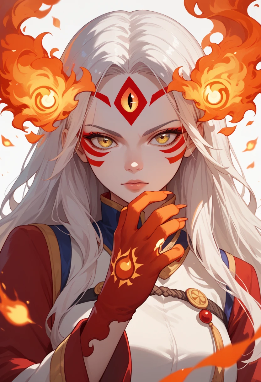 woman, fire hair, white skin, red face paint, jentry chau, anime style, long hair, fire powers, yellow eyes, white hair, cat-like third eye on forehead, fire in hands