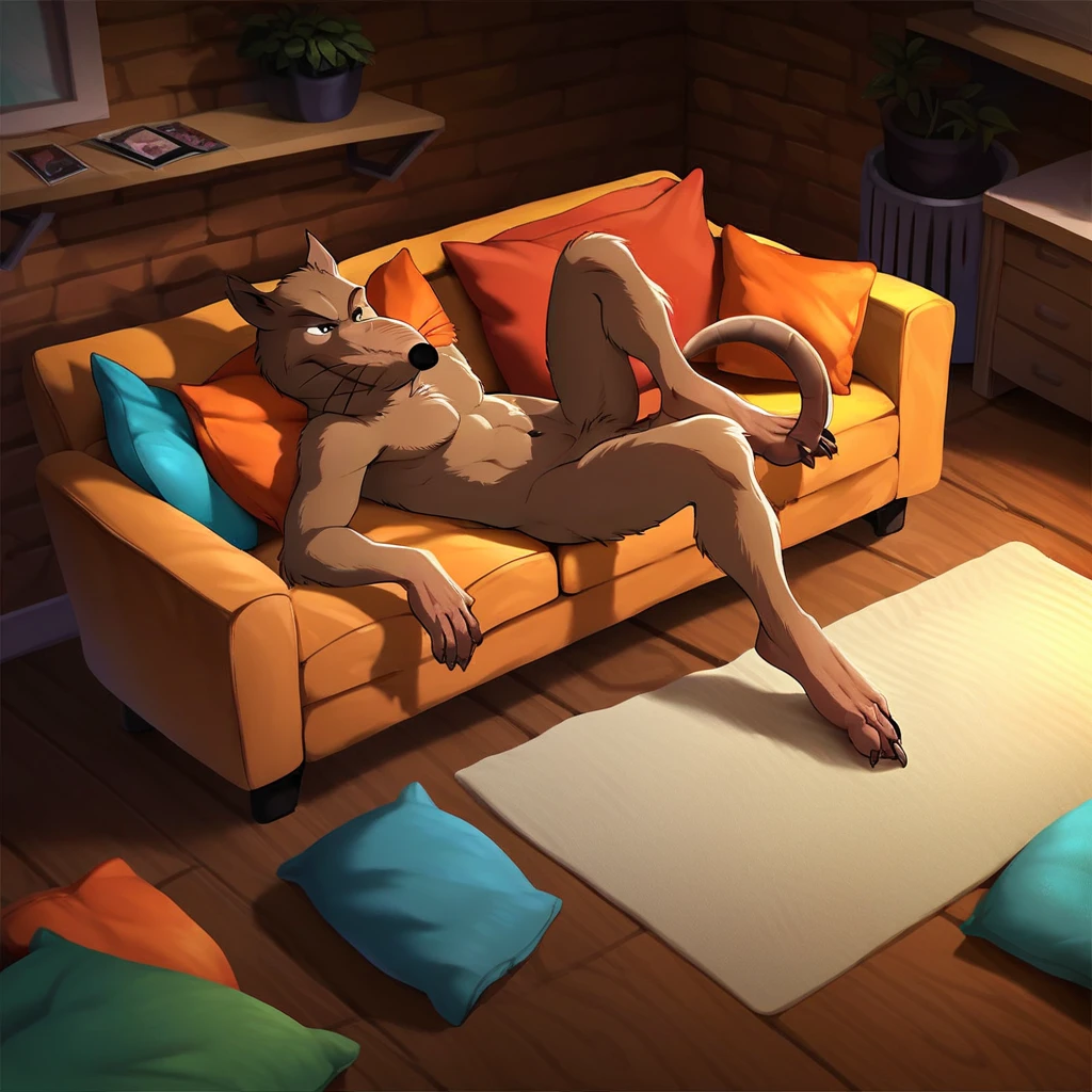 score_9, score_8_up, score_7_up, score_6_up, score_5_up, score_4_up, source_furry, Splinter87, anthro, male, rat,  brown fur, rat tail,  living room, naked,nude, lying on couch, full body, 