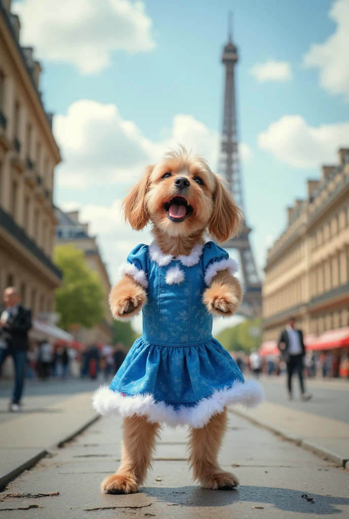 A picture of a dog standing in a human pose, laughing, wearing a blue dress, standing with two legs in Paris