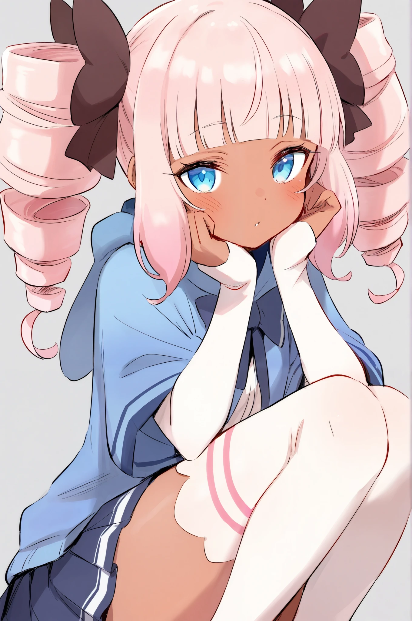 an girl with pastel pink hair long hair twin tails drill tails short blunt bangs short bangs blue eyes dark brown skin tone score_9_up, score_8_up, masterpiece, best quality