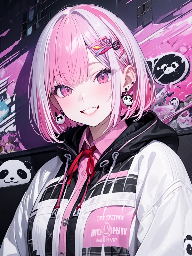            top quality,            top quality,             High-quality images            ,            masterpiece,                     super high res          ,                  detailed background     ,                 absurd,             perfect anatomical performance       ,          good lighting         ,            PHOTO GALLERY         、、SasakiSaku 、    1 girl、       virtual youtuber     、     pink hair、 multi-colored hair 、     Shorthair 、 、    pink eye、
  hair clip、     earrings for women with first name、   Panda Food、Food Up、    2 tone jacket  、     white jacket、  black sleeve  、     Long Sleeve     、     colored shirt     、     pink shirt with knee 、    red ribbon tie   、     plaid skirt    、    green skirt     、 Black Socks 、Black shoes、 、  smile、   hide   、 spray art background、 