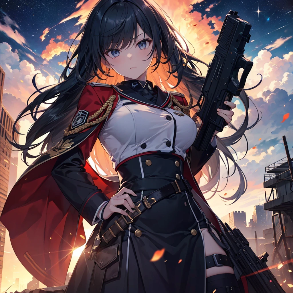 最high quality、best image quality、masterpiece、teenage girl((18-year-old、 By becoming、vest bust、medium bust,wide open breast tea、black eye, light blue hAria、Red mesh、long hAria、thin,highest valley、Red and blue dress、holding a red sword in his right hand、Glowing red wings,Aria、splatters、slash pose、scream、He holds a red sword in his left hand.、angry face、leaning forward)),high quality、beautiful art、background((outer space、battlefield、Burning Town、fire、inflammation、A large number of missiles rain down))瓦礫がsplatters、Depth of written boundary、movie、visual art、perfect art、8K,genuine