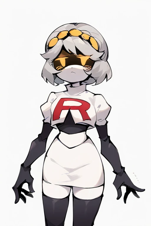 2D, score_9, score_8_up, score_7_up, BREAK, 1girl, solo,sdV, Grey Hair, Yellow Eyes, Robot, Visor, team rocket,team rocket uniform,white skirt,red letter R,crop top,black thigh-highs,black elbow gloves