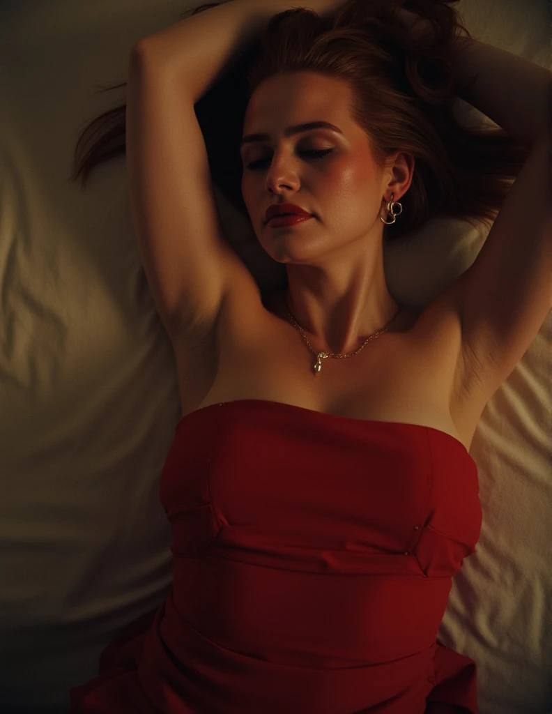 Madaline Petsch, picture from above, lying limp on a bed on back, red strapless dress , drunk face, arms up