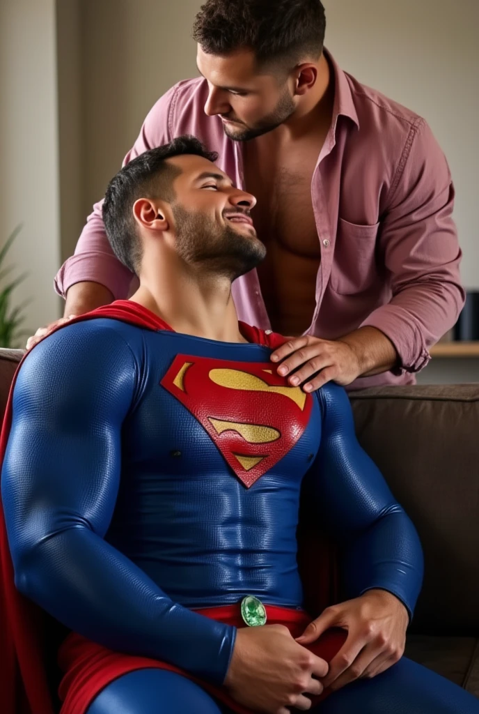 They kiss each oter. Superman can't refuse kiss.gay kiss.gay kiss.full body shot of a muscular attractive, nick bosa good looking man with Short stubble, muscular thighs, dressed in a blue Superman costume. He has a pained expression, orgasm face, eyes closed, mouth slightly open. He is at home on sofa, a bright emerald green crystal pendant hanging from his neck. He appears weak and in pain, with his eyes closed. Behind nick bosa stands an attractive, bald, white man wearing an unbuttoned pink denim shirt, touching Superman's chest with his hands. bald, white man kiss Superman.Thy kiss each oter. Superman can't refuse
