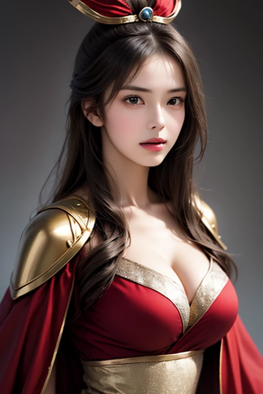 ((The upper body of a female warrior wearing gold and red armor and a cloak:1.4)),1 person,  black hair,  belly shortcut   ,Big breasts and cleavage,  high-definition face and skin texture  ,  staring at the camera,   Chinese Warrior:1.2,  perfect beauty: 1.4, fine grain,  double eyelids in a judo suit ,  whitening for women with bristles, top quality ,  super high res ,  simple background，Symmetrical Normal Eyes   , hair accessories, Slim Waist ,