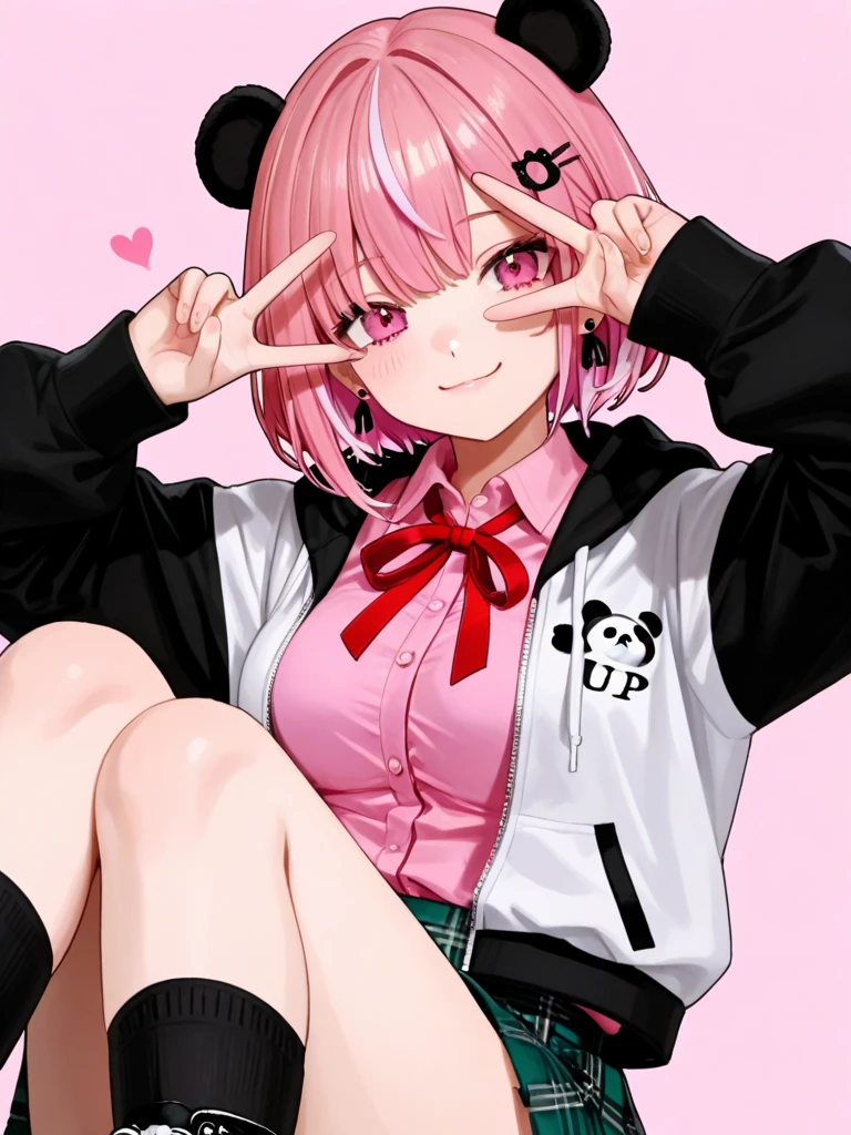            top quality,           high quality images            ,            masterpiece,                 SasakiSaku 、     1 girl、         virtual youtuber      、      pink hair、  multicolored hair 、      short hair  、 、    pink eye、
   hair clip、      earrings for women 、    Animal Food     、Panda food    、Food Up、    2 tone jacket   、      white jacket、   Black Sleeves   、      Long Sleeve      、      colored shirt      、     pink shirt with knee  、     red ribbon tie    、      plaid skirt     、     green skirt     、  Black Socks  、Black shoes、 、  smile、     simple background、   medium breasts 、 v over eye  、 upper body