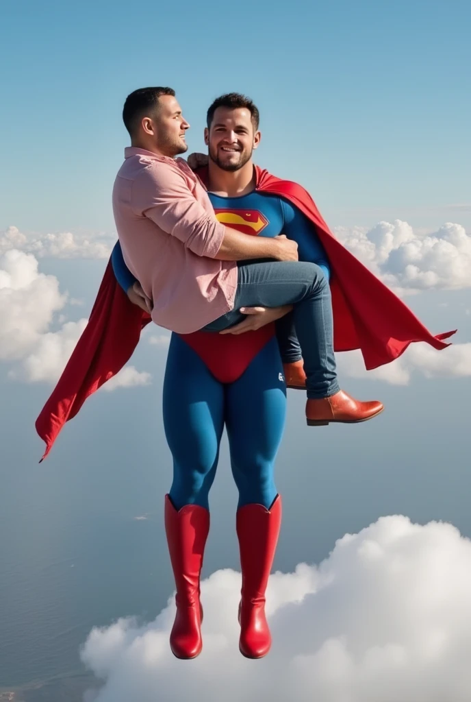 Superman is flying.Superman face.Holding an attractive, bald, white man in your arms Superman and his an attractive, bald, white man wearing an unbuttoned pink denim shirt and blue jeans. Superman Holding an attractive, bald, white man Flying on the sky.a buff man in a superman costume (think movie version of Superman-black undercut, blue tights and red cape and red boots and red briefs) Looking at the camera from the front .Niock Bosa face 
