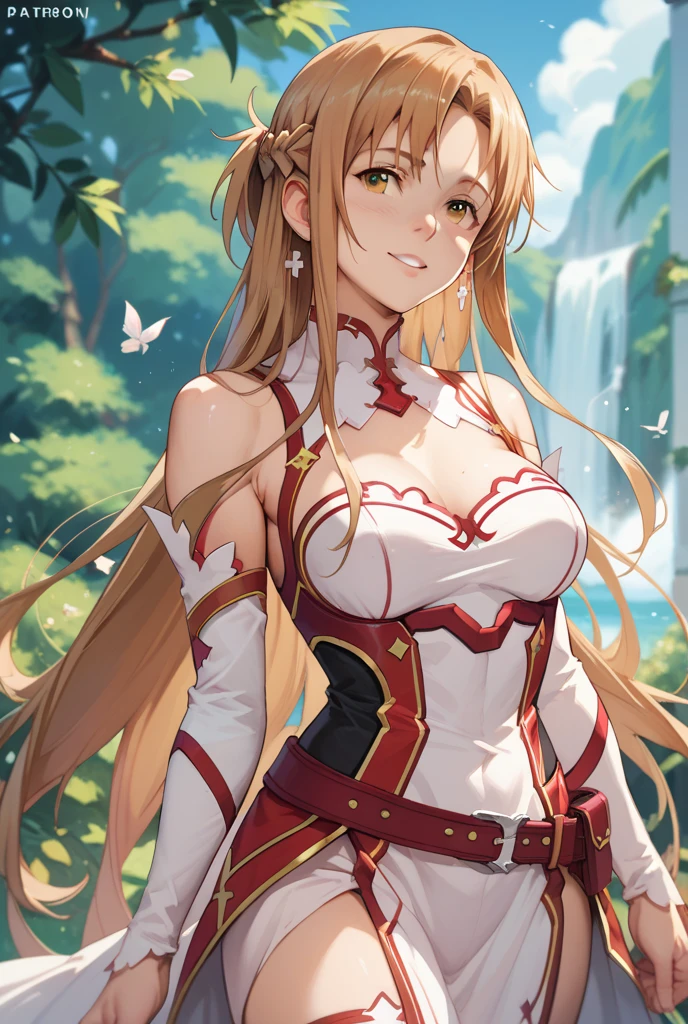 Asuna,sonrisa ligera,sexy,espada, sosteniendo arma, vestido blanco, Armadura, pelo flotante, falda roja, holding espada, brazo extendido, Mejor calidad, NSFW