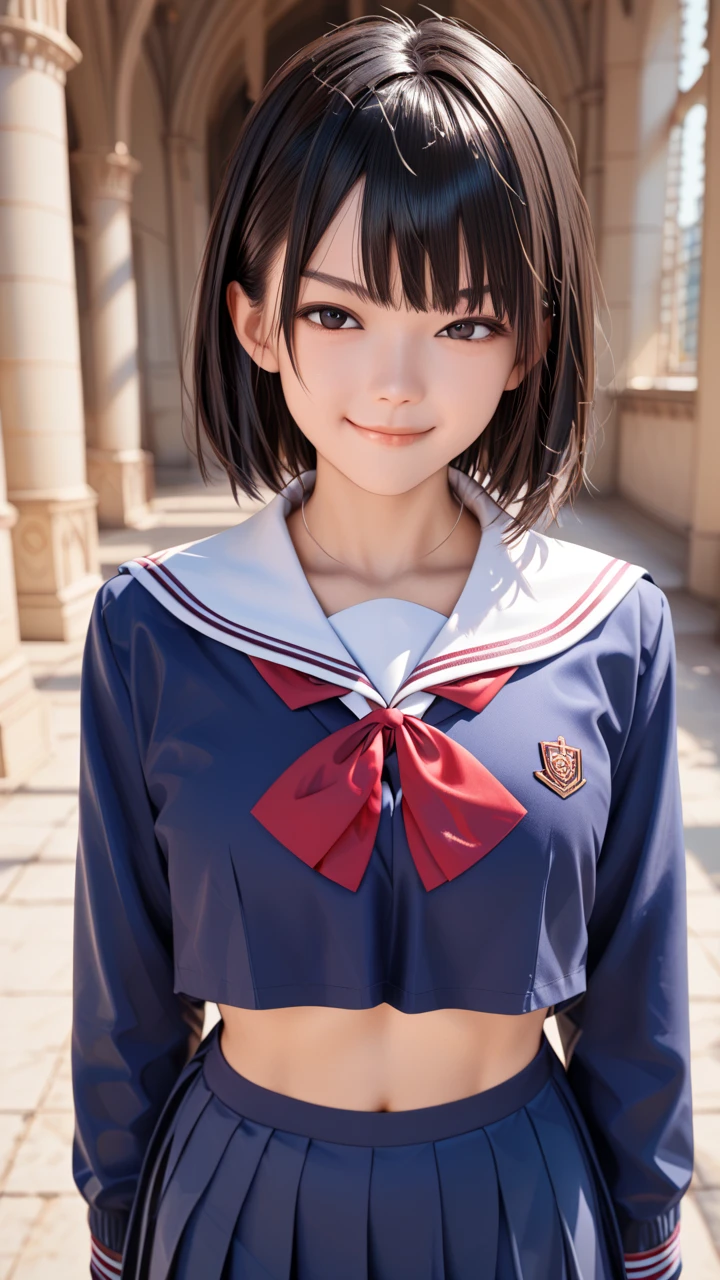 masterpiece, best quality, highres, kinomoto sakura, 1girl, brown hair, short hair, antenna hair, two side up, hair bobbles, green eyes, , white sailor collar, black shirt, long sleeves, white skirt, pleated skirt, sitting, eating, outdoors, bench, food, leaf, (masterpiece, best quality: 1.2),(very detailed face, real image, realistic skin, realistic body, intricate details),1 woman, Kinomoto Sakura, brown hair, alone, skirt, green eyes, Short hair, have, white skirt, white hat, Magic Girl, Antenna hair, laugh, serafuku, pleated skirt, dehisce, looking at viewer, cowboy shot, long sleeves, star (symbol), muffler, lie down in bed with both arms extended above the head and placed behind the pillow, anime girl lying down, expose plump breasts, whole body, plump thighs, Natural Pose, beautifully, cute, Fix errors without any awkwardness, tall, I have long legs, Wearing (tomoeda_초등school_school_Uniform),black top, tennis mini skirt,cry in shame, wearing white ankle socks, random sexy poses