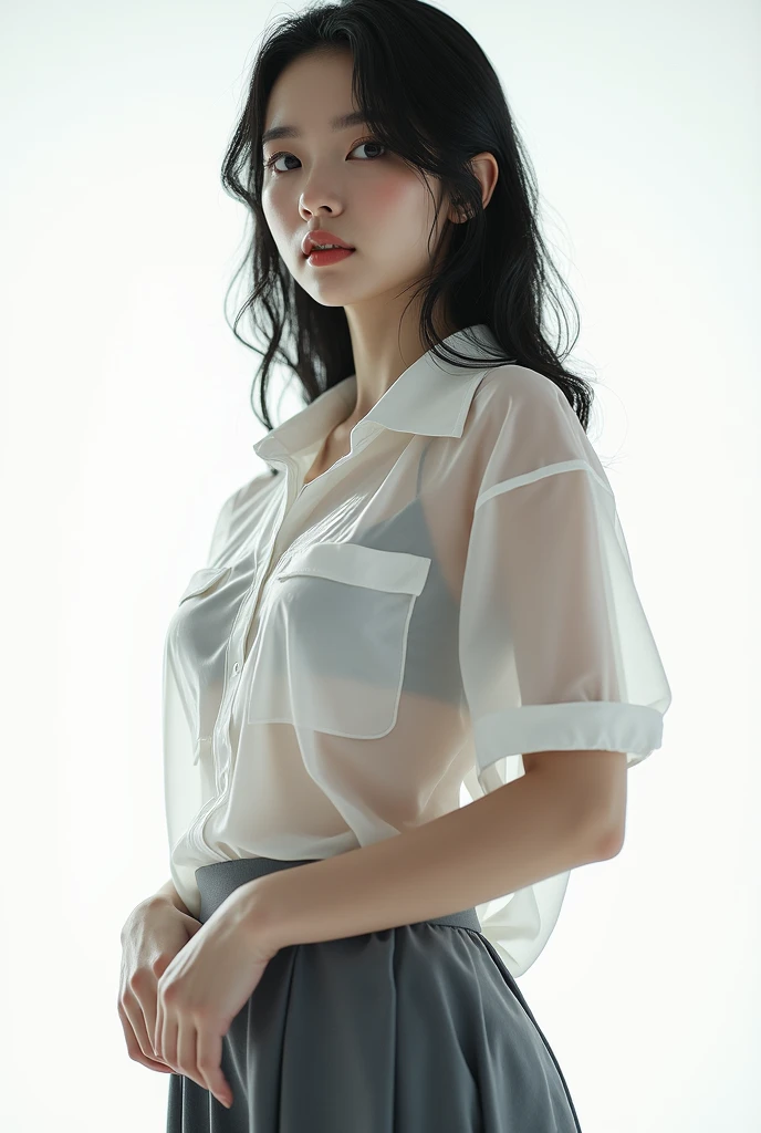 one woman, hair long, blonde, black eyes, sheer wet white shirt ,wet shorts , sharp body, in the pool , detailed body, detailed face, best quality, high quality, masterpiece, korean, wet skin