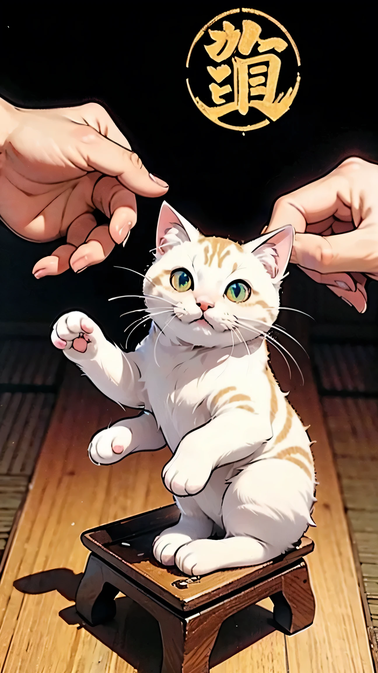 Maneki-neko (beckoning cat) - traditional Japanese, white, cute, round, fluffy, single